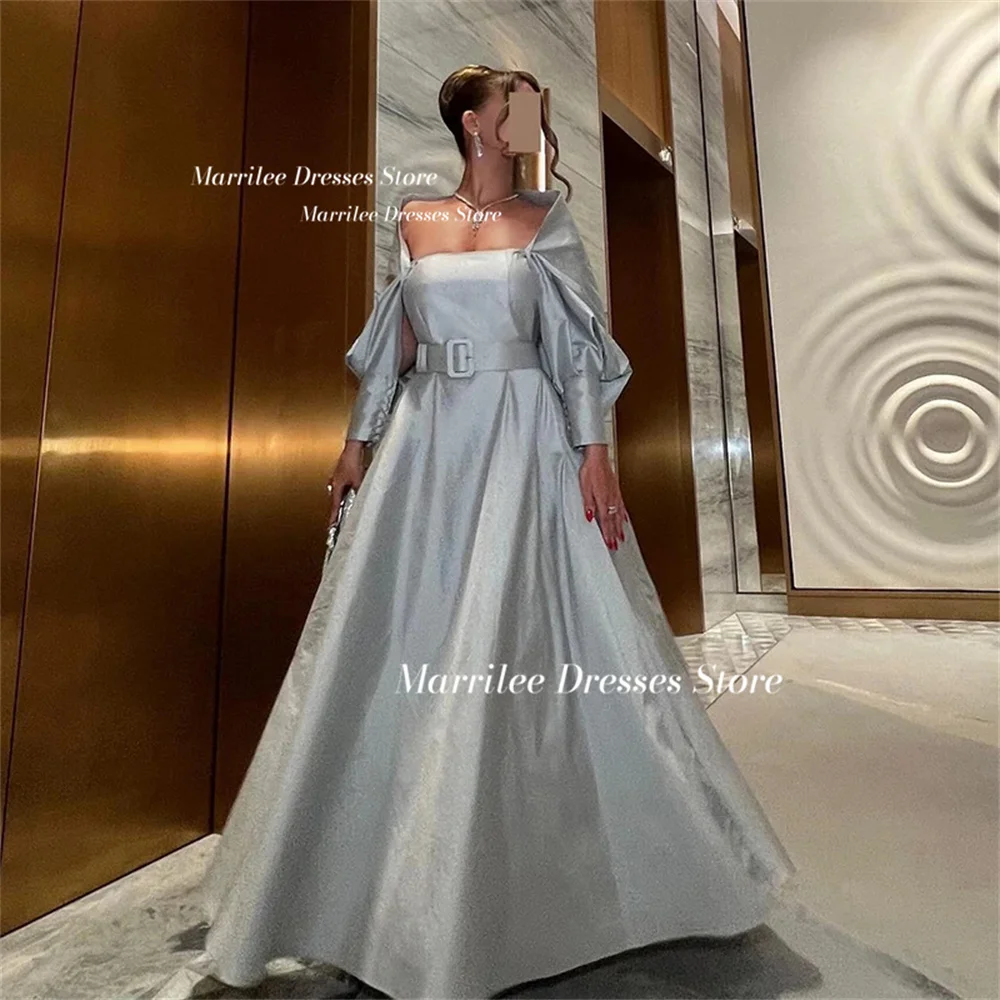 Marrilee Elegant Off The Shoulder Long Sleeves Silvery A-Line Stain Evening Dresses Charming Belt Floor Length Button Prom Gowns