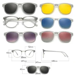 6 In 1 Jelly Grey Transparent Frame Colotful Clips Myopia Sunglasses Fashion Black Polarized Magnetic Clip On Glasses Eyeglass