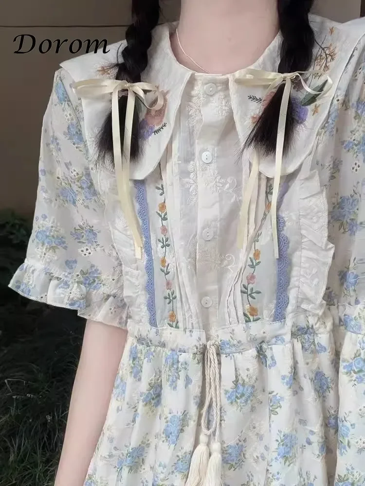 

Vintage Embroidery Floral Lolita Long Dress Women Japanese Peter Pan Collar Kawaii Dress Elegant Ruffled Lace-up A-line Vestidos