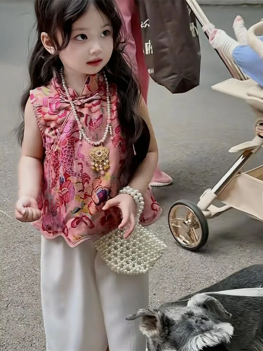 

Новый китайский детский костюм: модные широкие брюки и жилет для мальчиков и девочек, комплект из двух предметов, трендовая летняя одежда