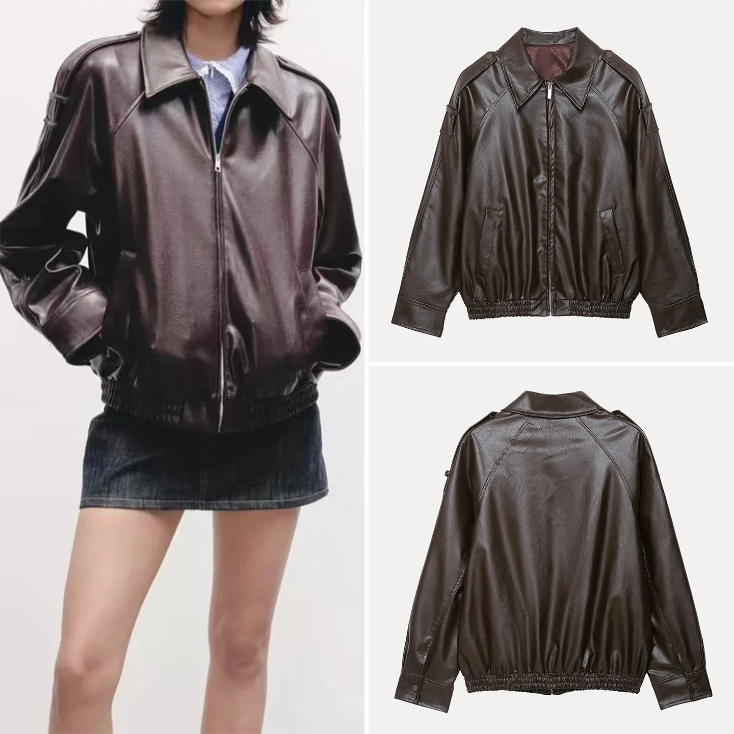 

Ele Pilot Jaet Coat for Women Faionable Turn-down Collar Faux Leather Long Sve Zipper Closure Daily Wear Autumn Ne...