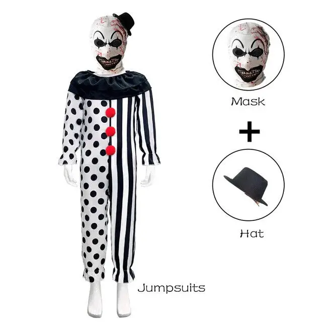 Costume de Cosplay Terrifier pour Enfant, Combinaison de Clown Noir et Blanc, Masque d'Halloween