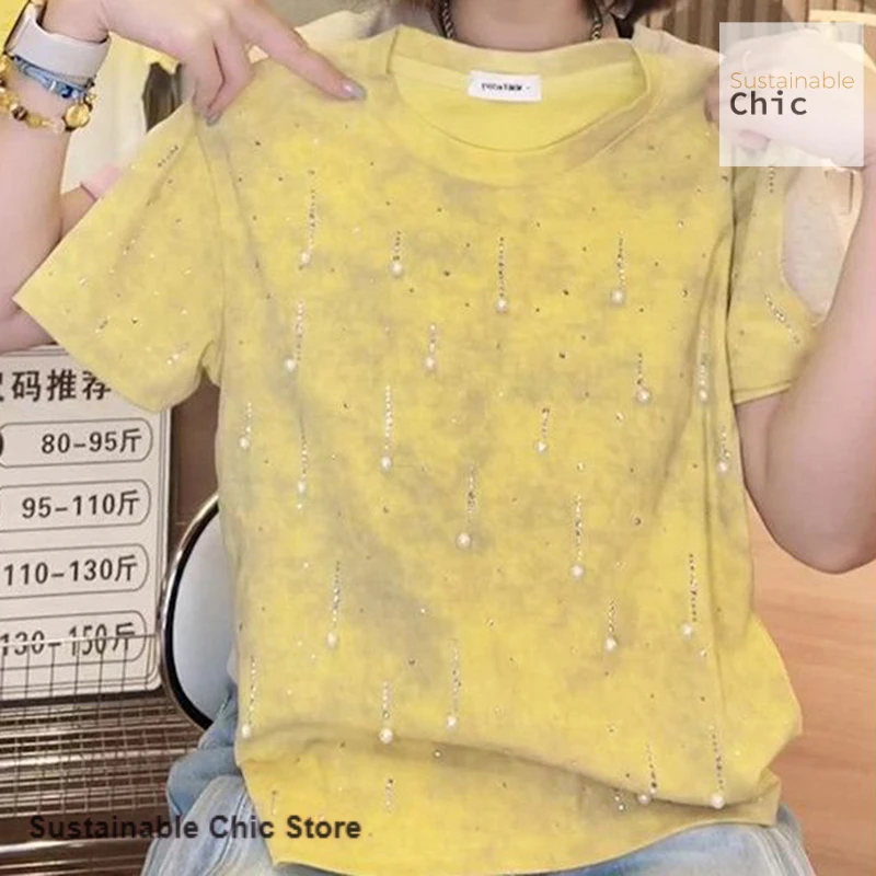 

Korean-style yellow T-shirt female fat mm beautiful blouse plus size summer short sleeve pleated tie-dyed chic short paragraph.