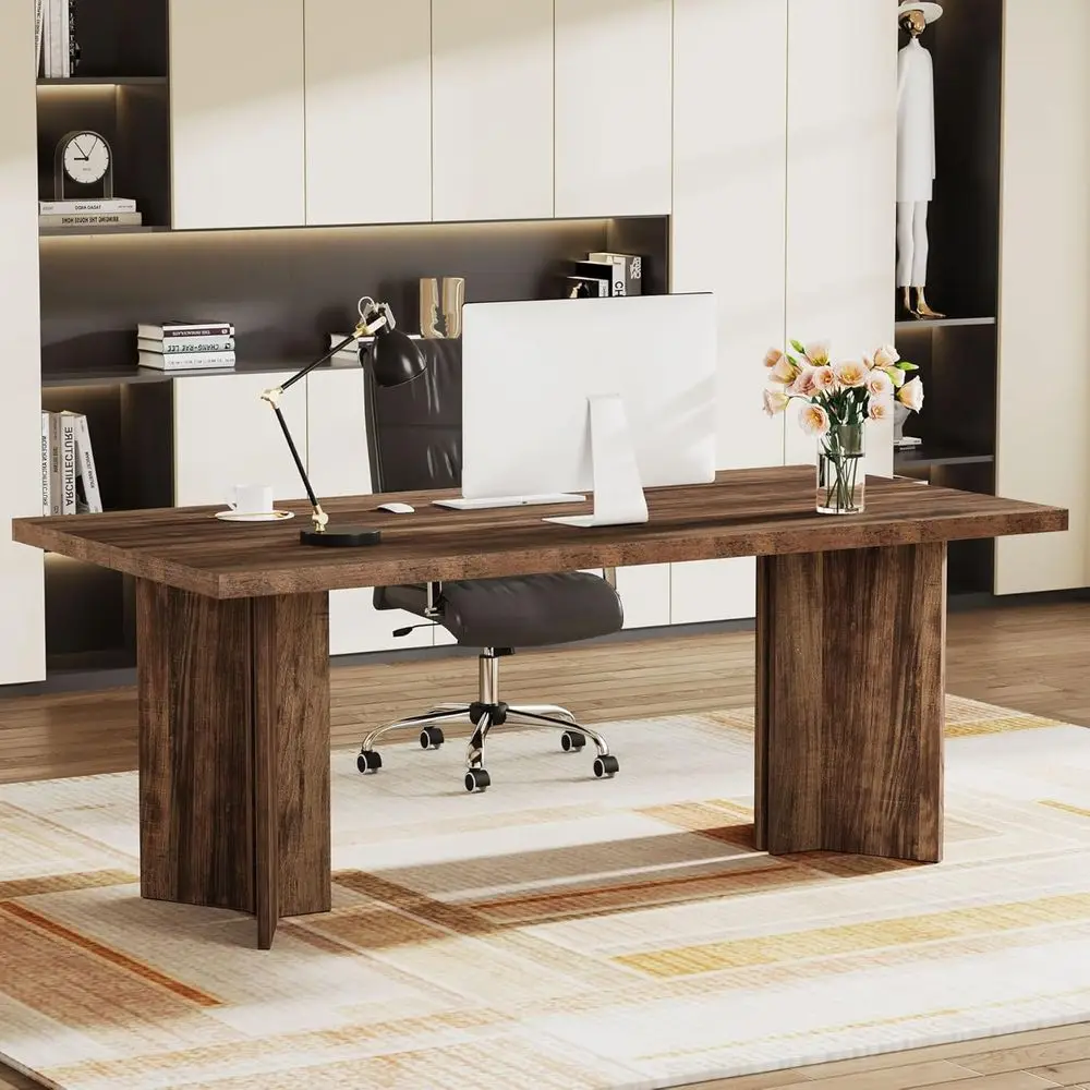 

Large Vintage Wood Executive Desk, 63-inch Computer Workstation with Spacious Tabletop for Home or Office, Study Area, in Carame