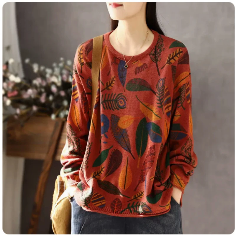 Fall Oversize Vintage Print Women's Korea Style Retro Long Sleeve Pullover Sweater Female Causal Soft Pulls Loose Knitwear Tops