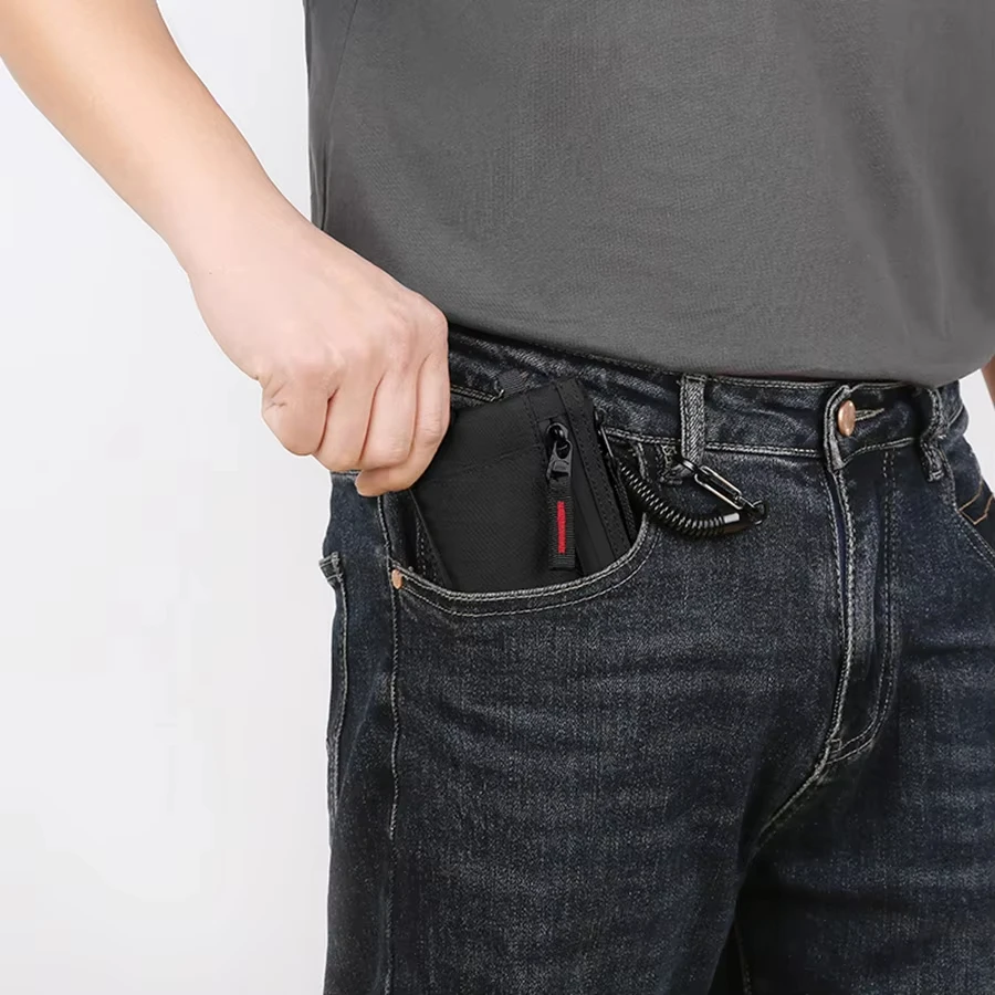 Luxury RFID Credit Card Holder Anti-Theft Slim Key Card Case with Carabiner for Men Nylon Coin Purse