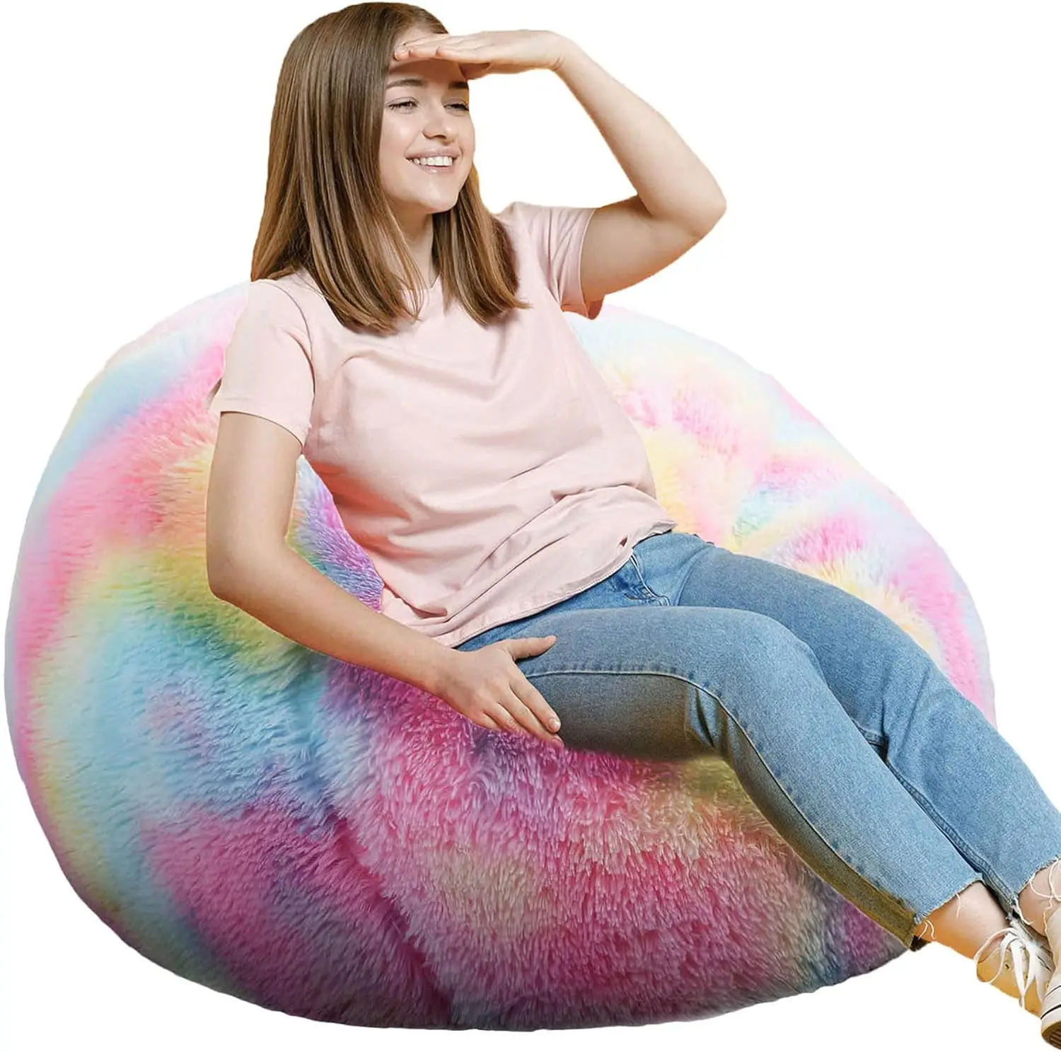 3FT Round Memory Foam Bean Bag Chair for Kids & Teens, Ultra Soft Faux Fur, Rainbow Color