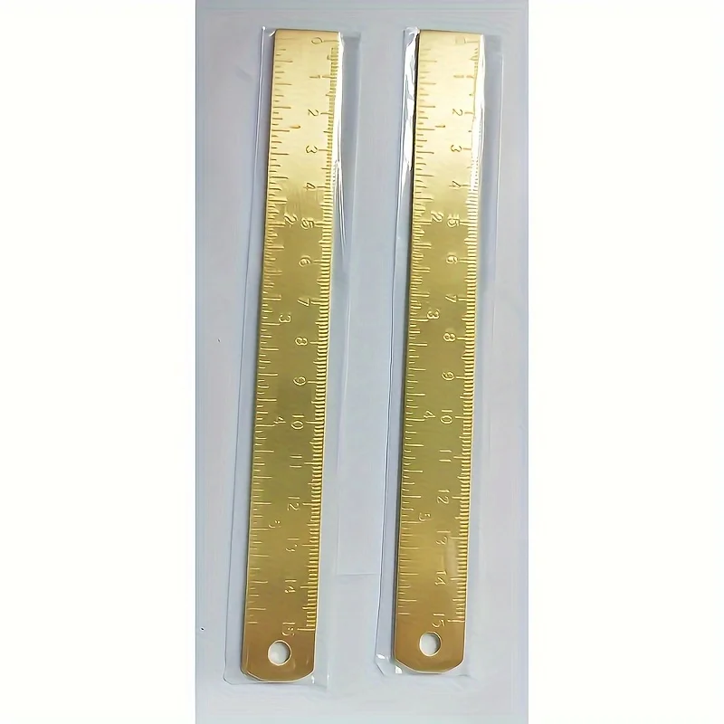 2 قطعة/1 قطعة 6 بوصة مسطرة نحاسية، 1 مم سميكة مزدوجة النطاق الإنجليزية والمترية مع علامات محفورة، مقبض وفتحة للتعليق، هدية عيد الميلاد