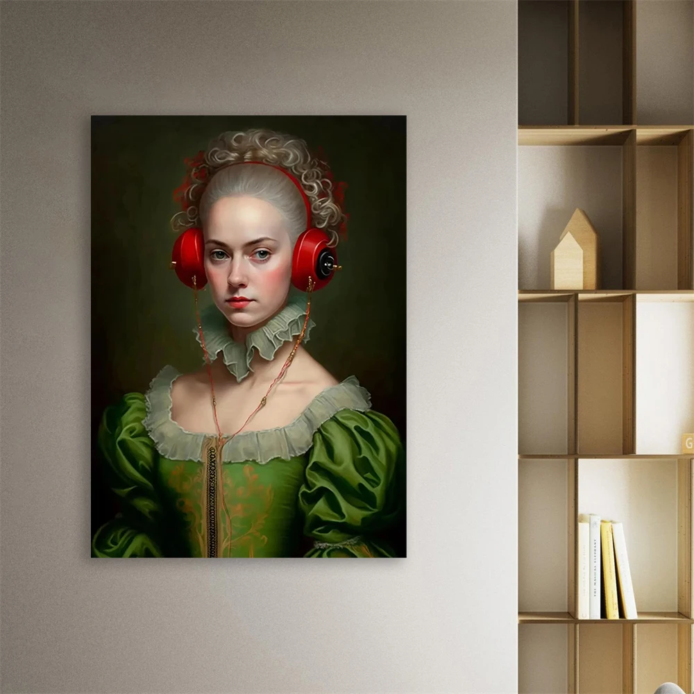 Funny Renaissance Woman Wearing Headphones Figure Poster Print Vintage Altered Art Canvas Painting Baroque Bedroom Wall Decor