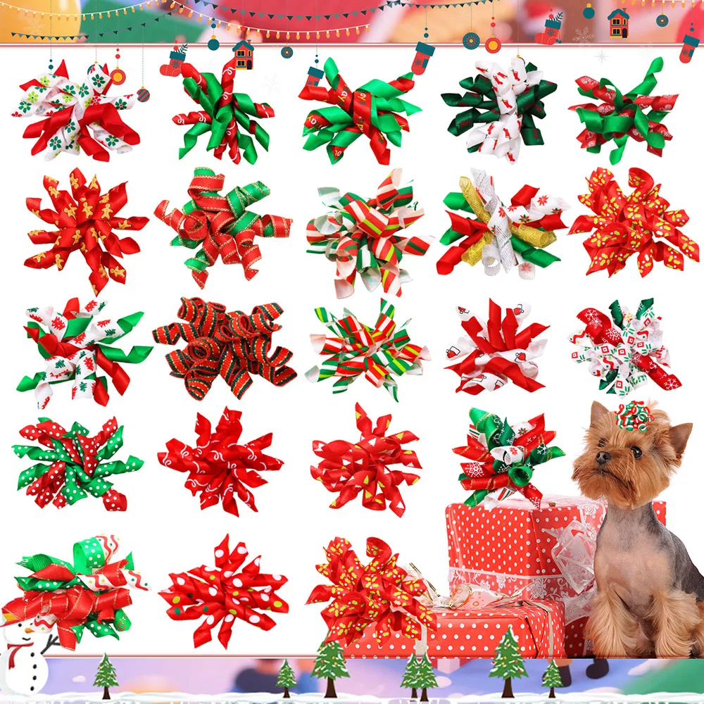 20/40PCS Winter Dog Bows With Rubber Bands Christmas Party Cute Puppy Hair Accessories For Dogs Bowknots Pet Dog Supplies