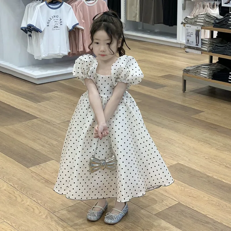 

2-10Y Korean Style Wedding Party Girls Polka Dot Bridesmaid Long Dresses Summer Baby Birthday Evening Puff Sleeve Elegant Dress