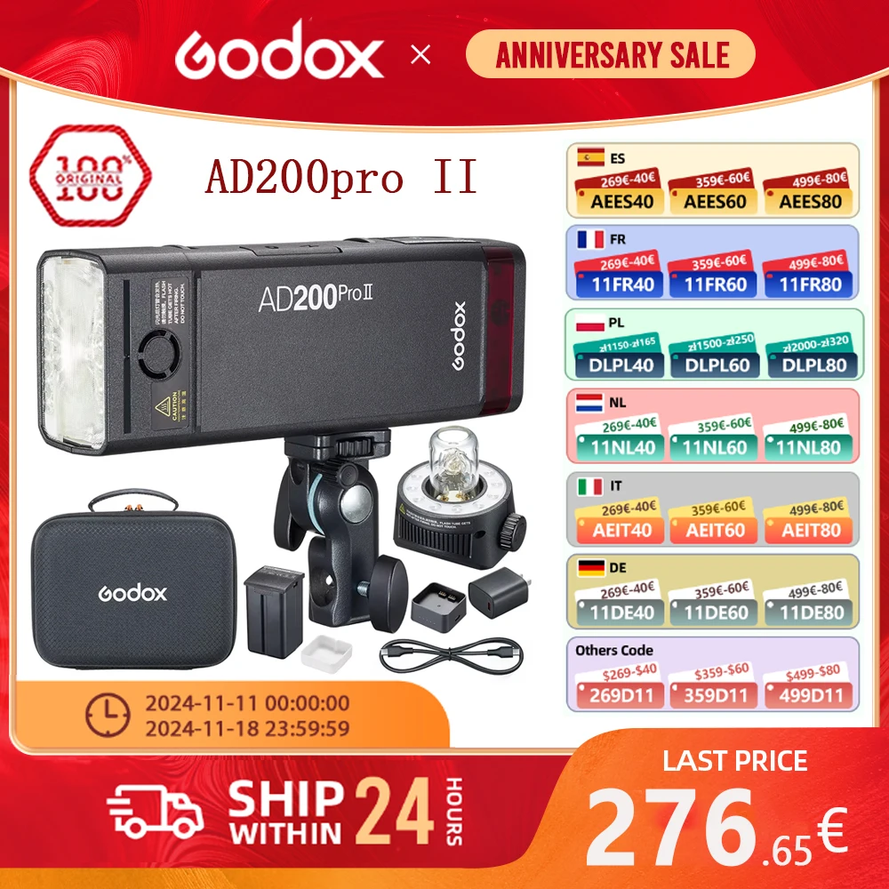 Godox Upgraded Flash AD200ProII AD200Pro II TTL 2.4G Wireless Camera Pocket Flash Compatible with Nikon Canon Sony Fuji Olympus