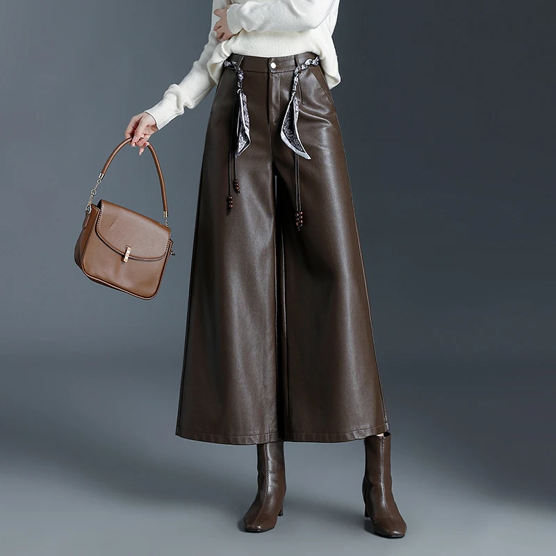 

Thiened Loose Leather Pants Straight Leg Casual High Waist Wide Leg Pants Women's Faionable Autumn Winter New Sle PU Pants