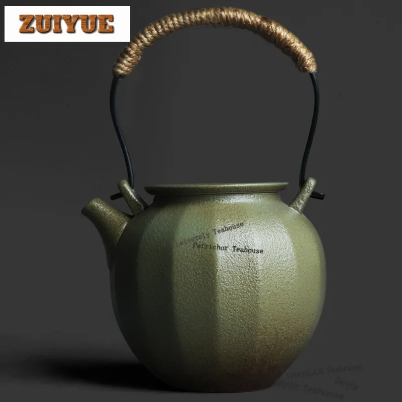 260ml Kiln-fambe Blue Stone Glaze Loop-handled Teapot Diamond-shaped Tea Infuser Pot Tea Maker Kettle With Filter Cha Decoration