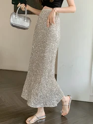 High Quality Sequin Fish Tail Skirt Women's New 2024 Spring/Summer Elegant Long Skirts Lady High Waist Solid Color A-type Retro