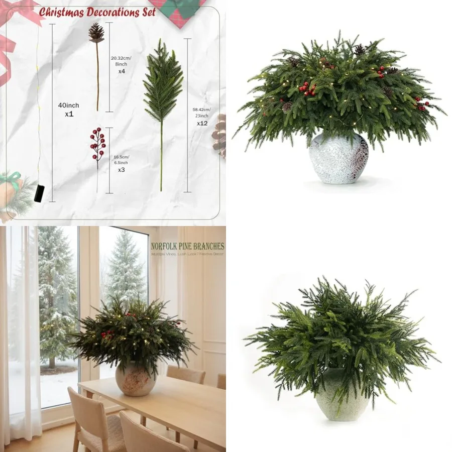 

23" Christmas Norfolk Pine Branches with Lights - Battery Operated Christmas Decorations - Warm Lights -Norfolk Pine Stems for