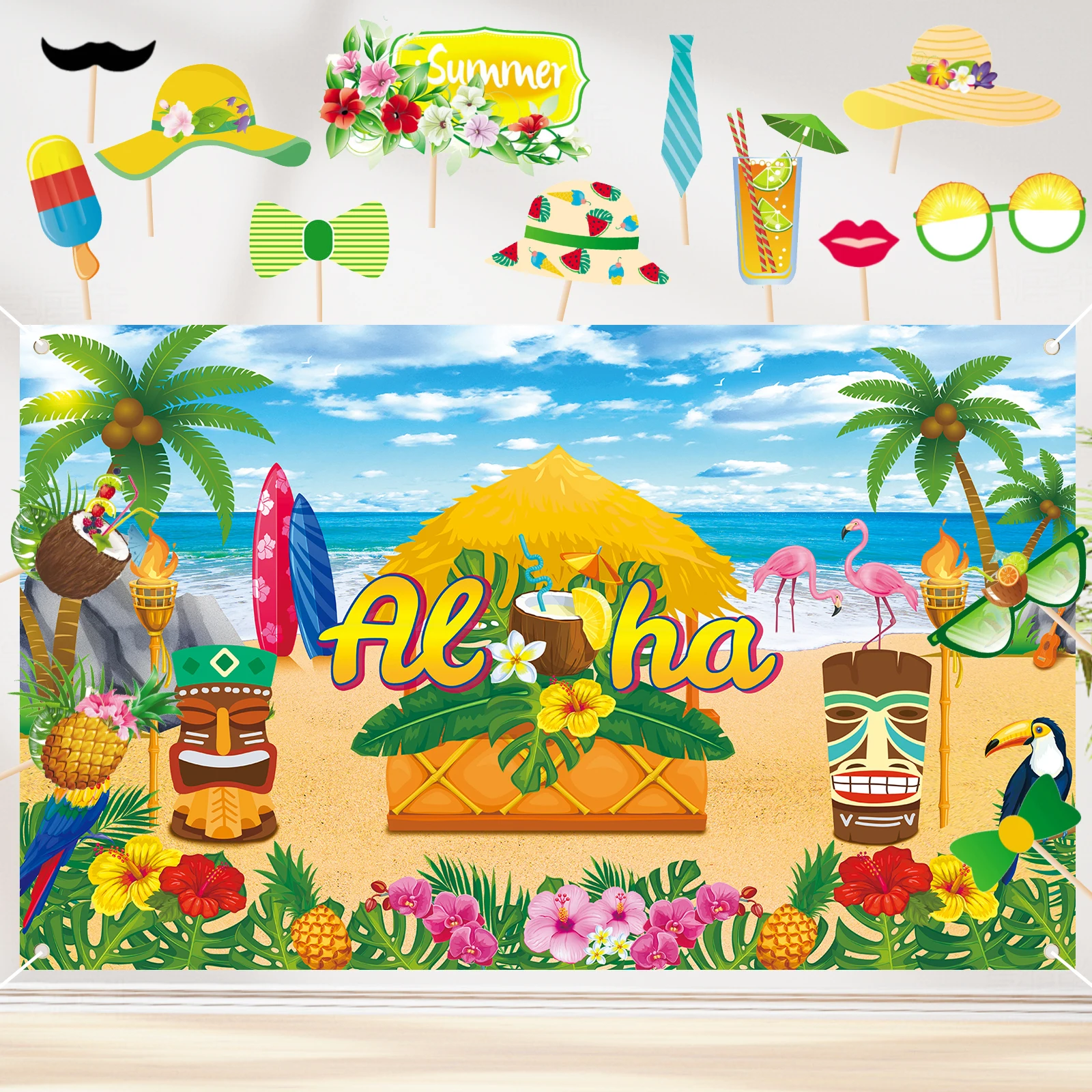 Hawaiian Party Decoration Backdrop with 29 Pcs Photo Booth Props for Tropical Luau Party, Summer Beach Party Banner Photography