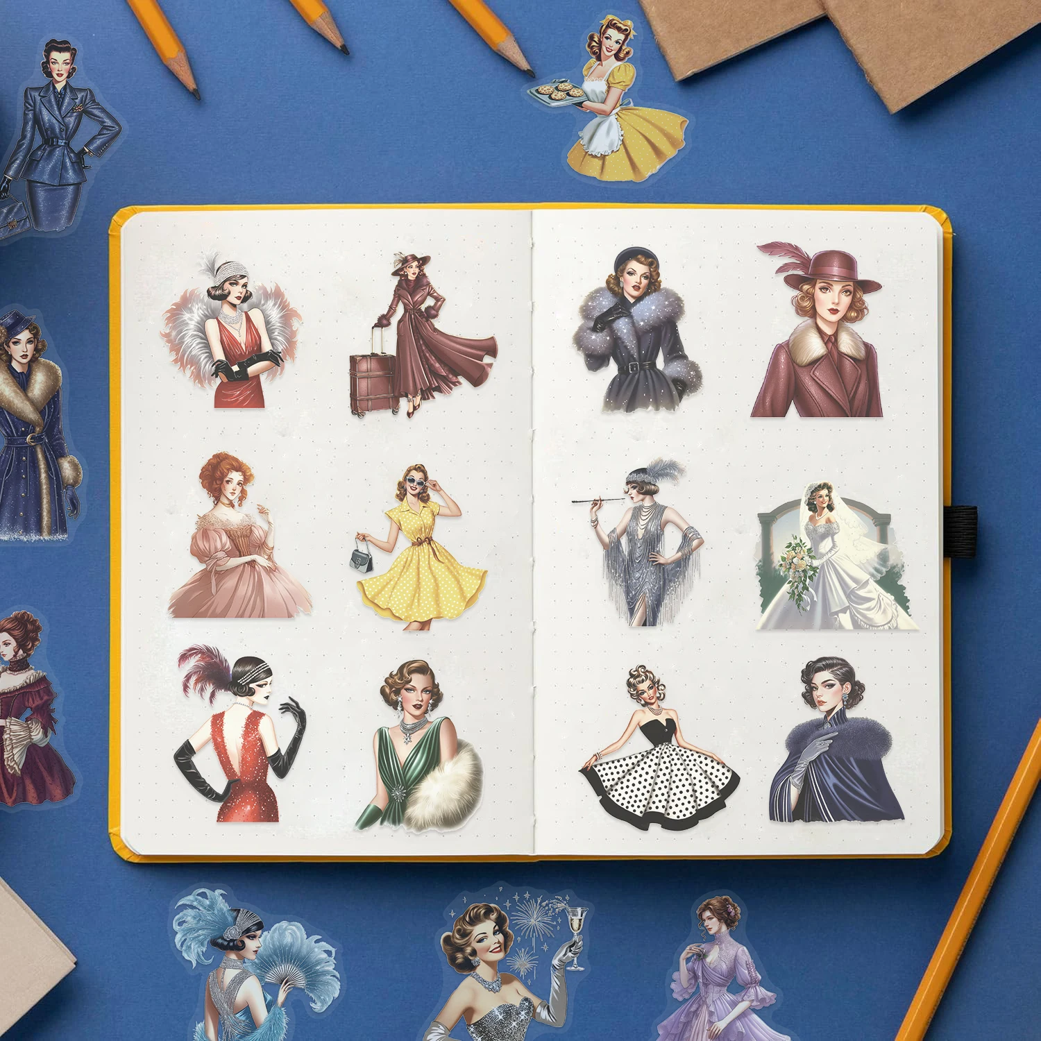 レトロなレディース防水ステッカー 50 枚 - DIY 防水再利用可能なデカール、ウォーターボトル、ジャーナル、電話、ラップトップ用