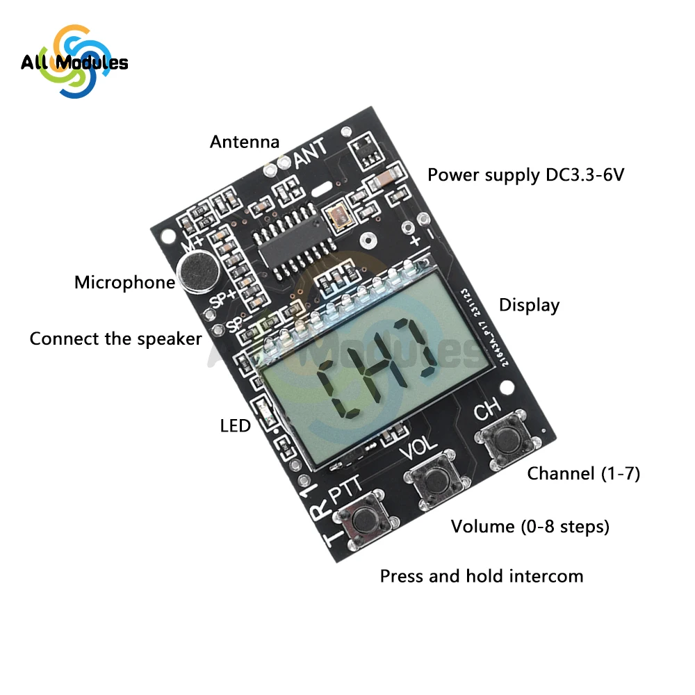 FM Walkie Talkie Circuit Board Transceiver All-in-One Module FM Transmitter Receiver Module 7 Frequency 27-480MHz DC3.3-6V