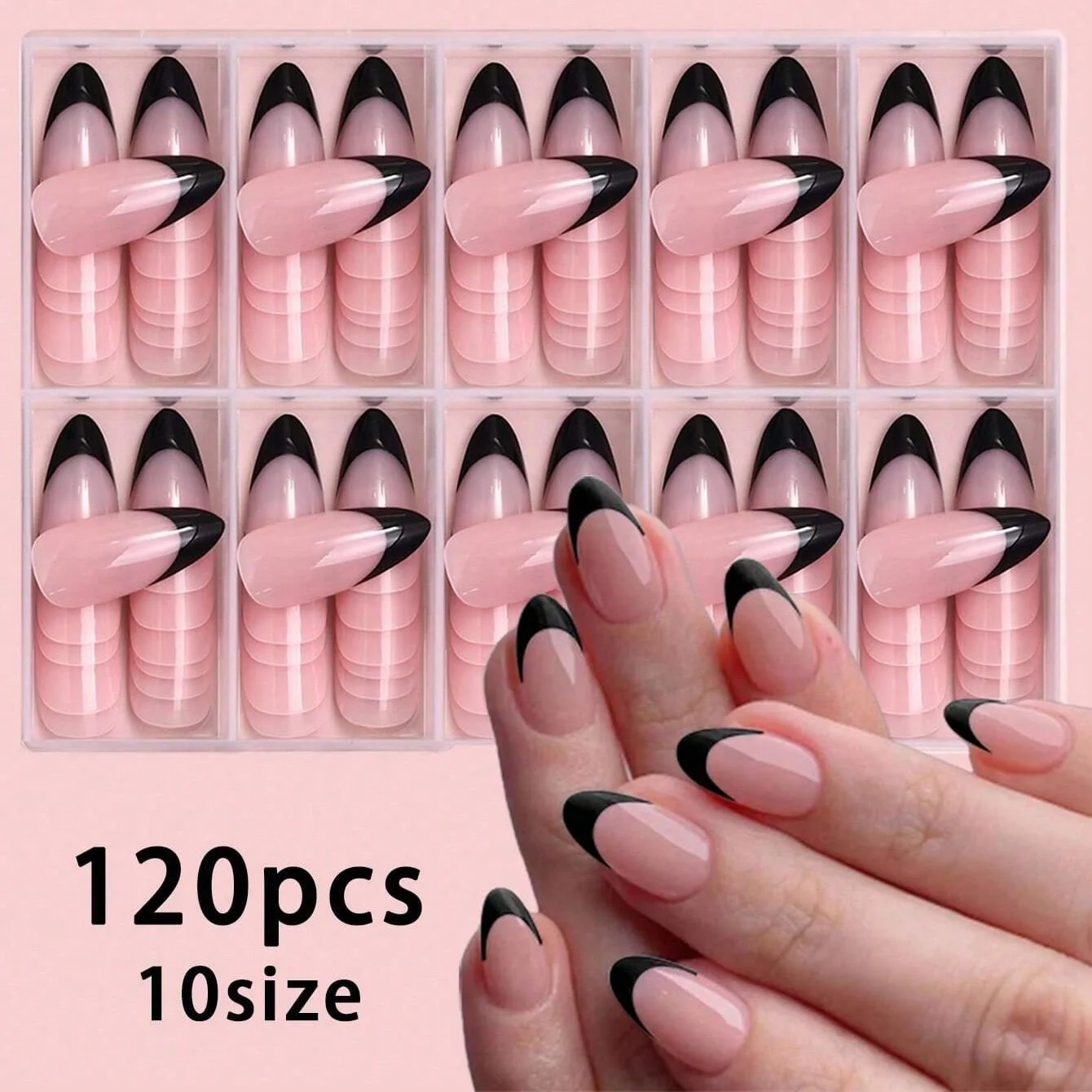 120 faux ongles noirs français, forme amande moyenne, carrés, stiletto, brillants, à presser, en acrylique, pour jeunes filles