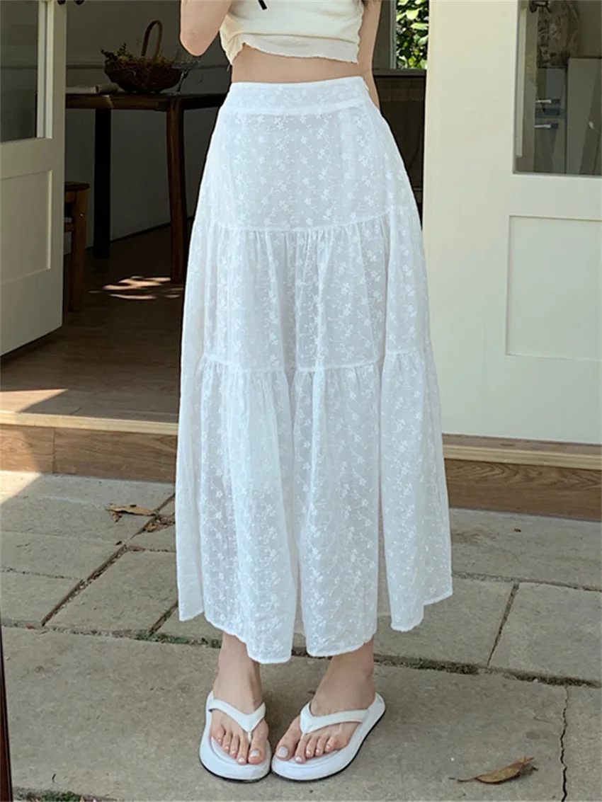 

Alien Kitty Summer White Maxi Skirts Embroidery Florals Chic Loose Elastic Waist Gentle 2023 Mujer Casual All Match Streetwear