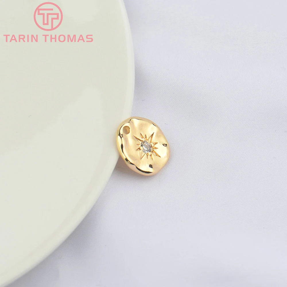 (4894) 6PCS 14MM 24K Gold Color Brass with Zircon Concave Convex Circular Star Pendants High Quality DIY Jewelry Making Findings