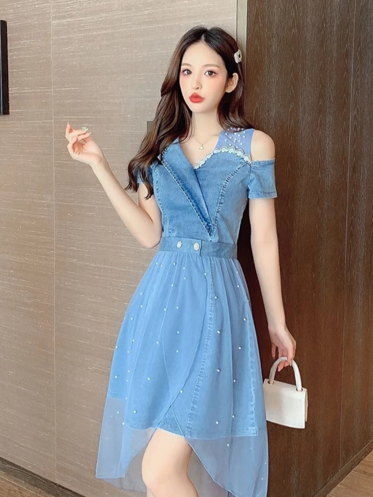 

Summer 2026 New Women Street Style Two Piece Set Sweet Salty Mesh Denim Dress Outfit
