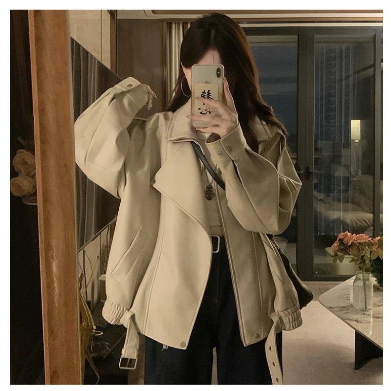 French Vintage PU Leather Jacket Women Autumn Winter Coat Lapel Double Layer Collar Loose Oversized Streetwear Cool Girl Style