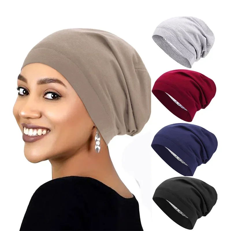 

Female soft satin lining Muslim headscarf hat sleeping hat head hair loss cap Arabic indian hat