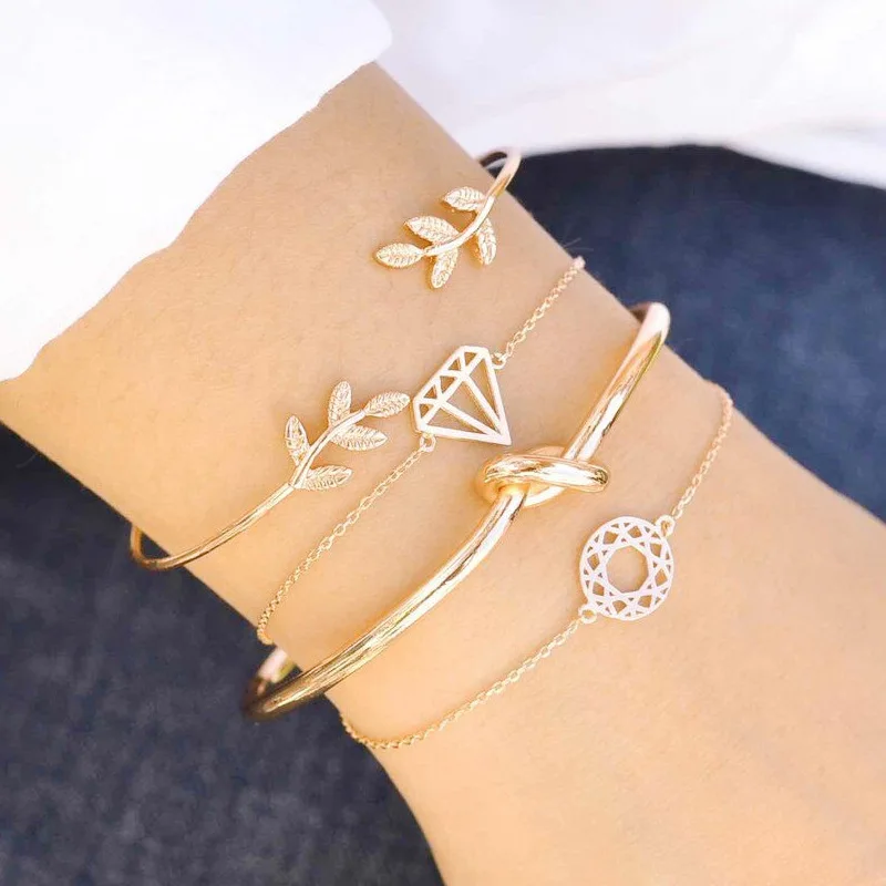 4 Pcs/ Set Bohemian Gold Color Leaves Knot Round Chain Open Bracelet Set For Women Punk Boho Beach Bangle Jewelry Gift Wholesale