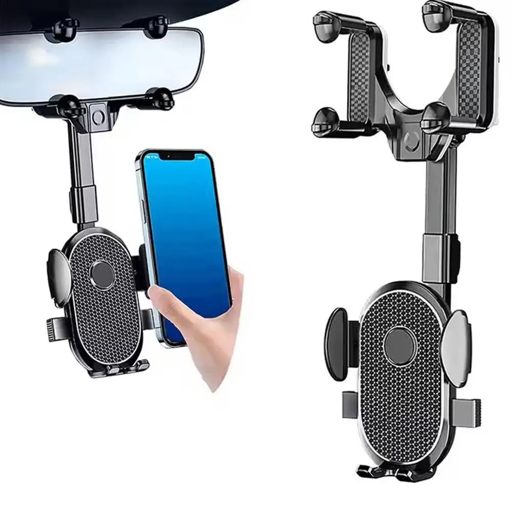 Car Rearview Mirror Phone Holder Retractable 360° Cell Phone Holder Clip For Phone GPS Support Mobile Phone Mount Stand H9B7