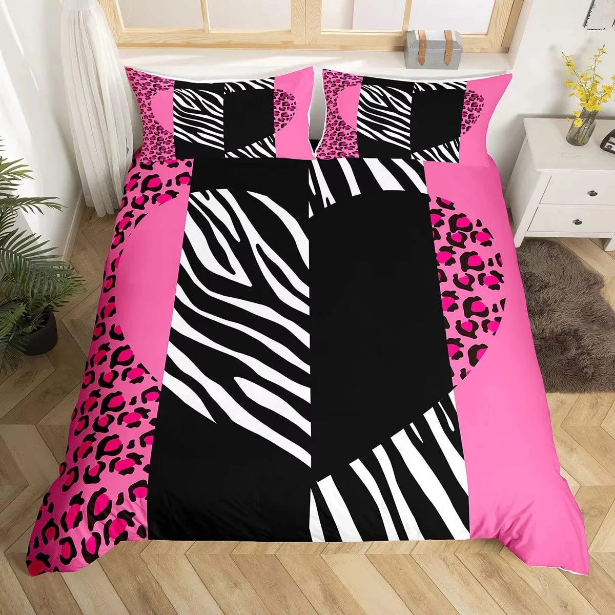 Leopard Heart Duvet Cover Set Queen King Size Pink Stripes Comforter Cover Woman Adult Room Decor Romantic Gift Duvet Covers