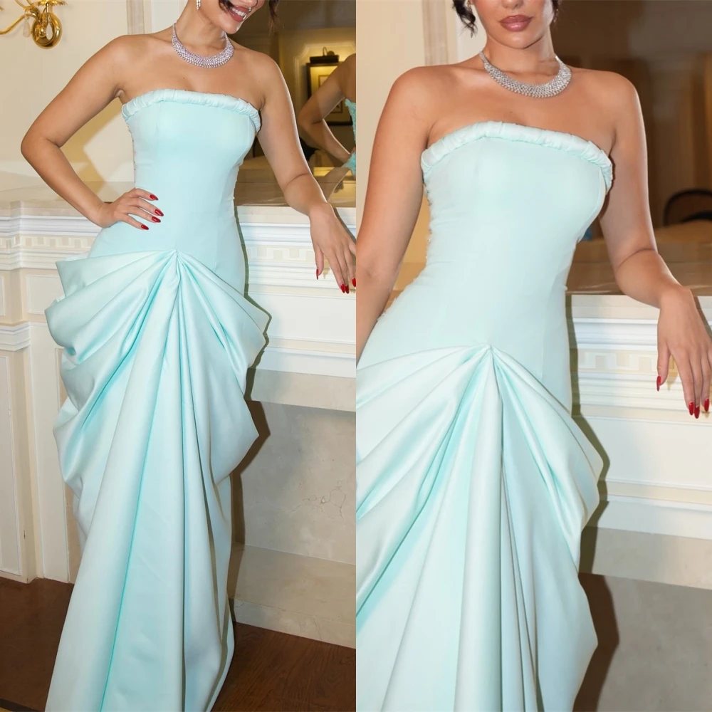 

Customized Formal Blue Strapless Evening Dress Simple Satin Mermaid Prom Dresses Sparkly Sleeveless Special Occasion Gowns