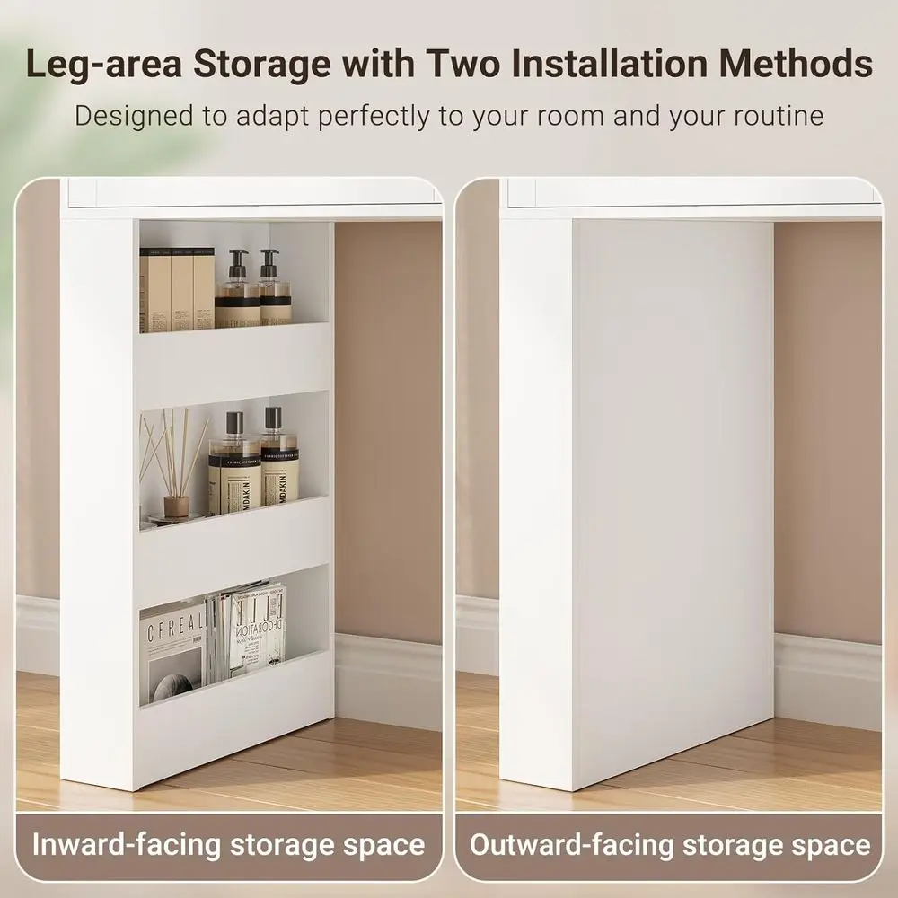 Lighted Makeup Vanity Table with Power Outlet, Storage Shelves, Drawer, and Leg Storage, White