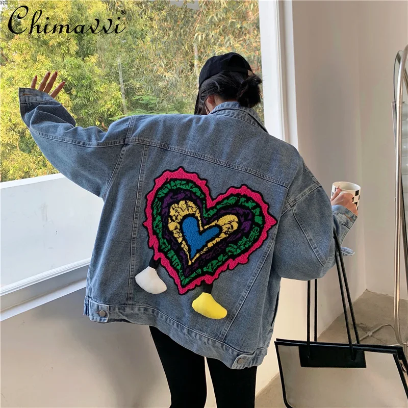 American Fashion Retro Love Sticker Lapel Long Sleeve Single Breasted Casual Loose Blue Denim Jacket Women Jeans Coats Autumn