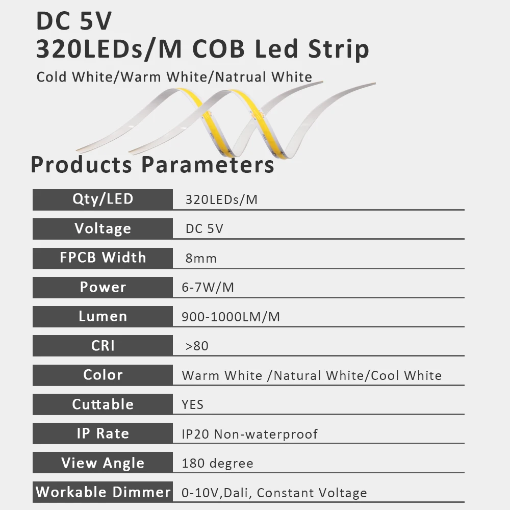 DC 5V COB LED Strip Light 304 USB Switch ON/OFF Flex Ribbon 320 LEDs/m Lamp for Kitchen Closet Cabinet Backlight Home Lighting