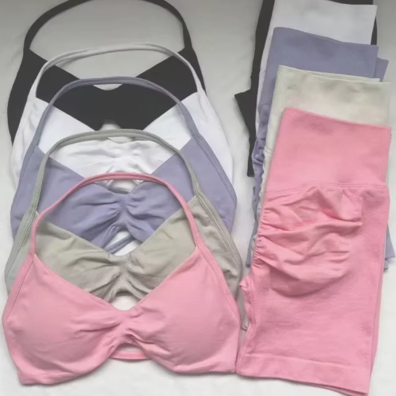 

Gym Set 2 Piece Women Strappy Yoga Bra Top Workout Scrunch Shorts Sports Suit Fitness Clothes Seamless Yoga Set