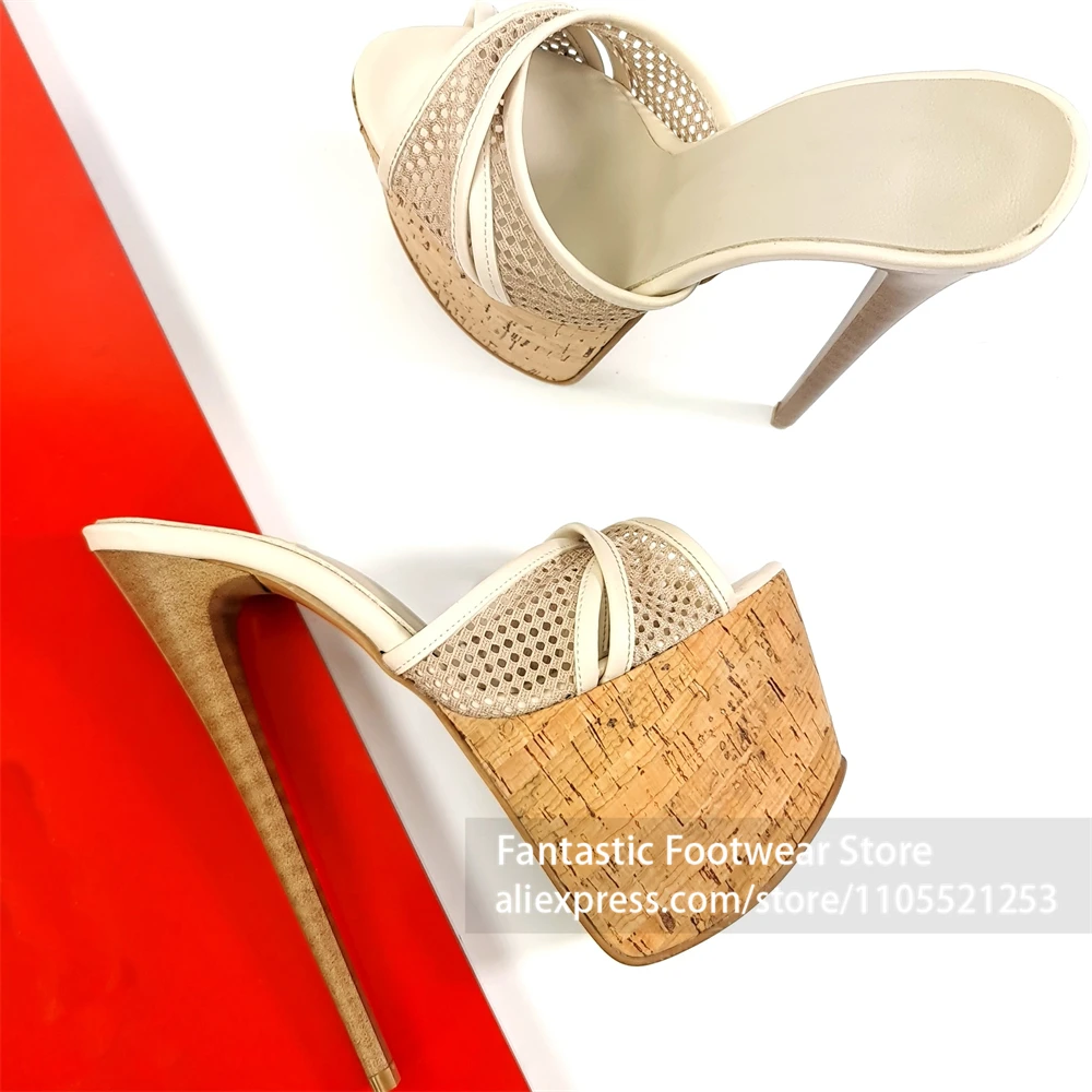 

Mesh Cross Strap Cork Platform Stiletto Mules Super High Open Toe Slip On Summer Shoes Sexy Style Beach Party Slippers for Women
