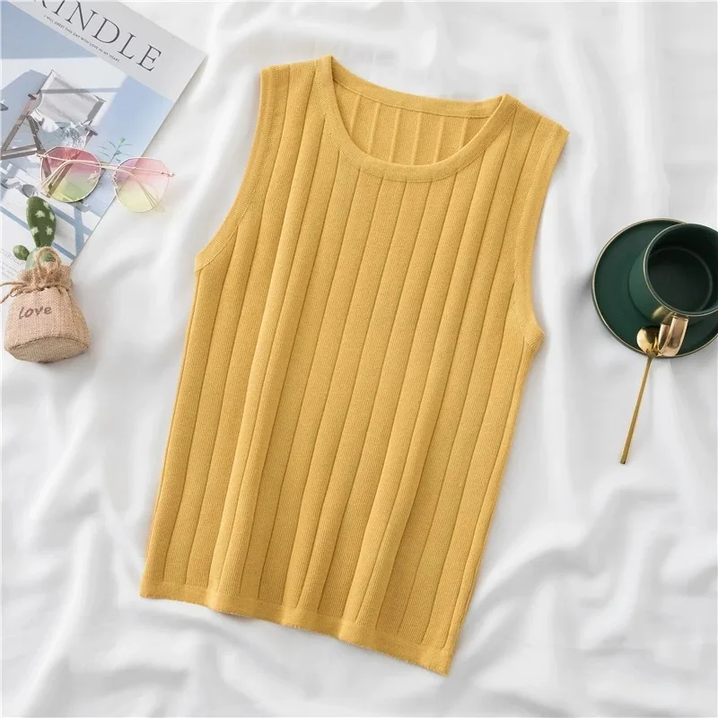 Women's Ribbed Sleeveless Knitted Tops Spring Summer Black White Beige Coffee Gray Blue Yellow Tank Top Soft Thin Slim Fit Top