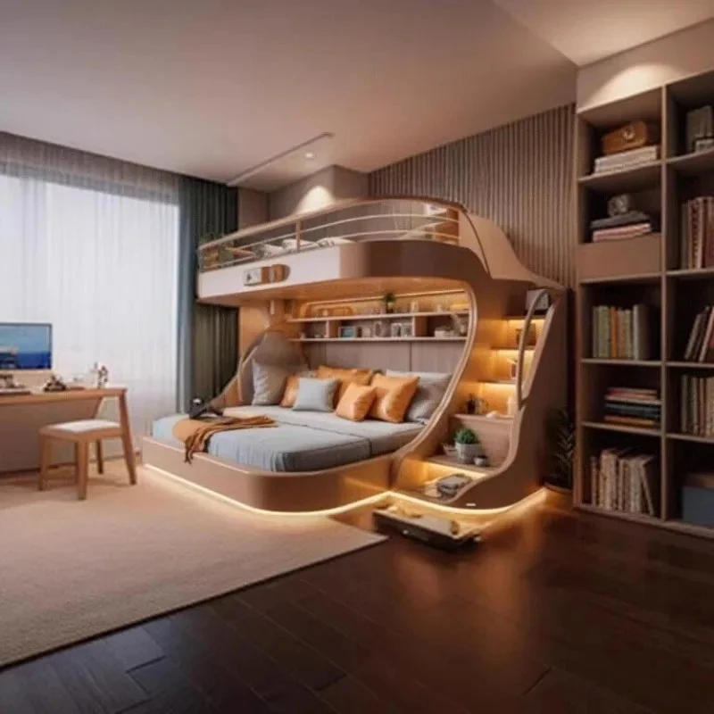 

Children's tree house bunk beds with lighting effects, all solid wood bunk beds, bunk beds, high and low children