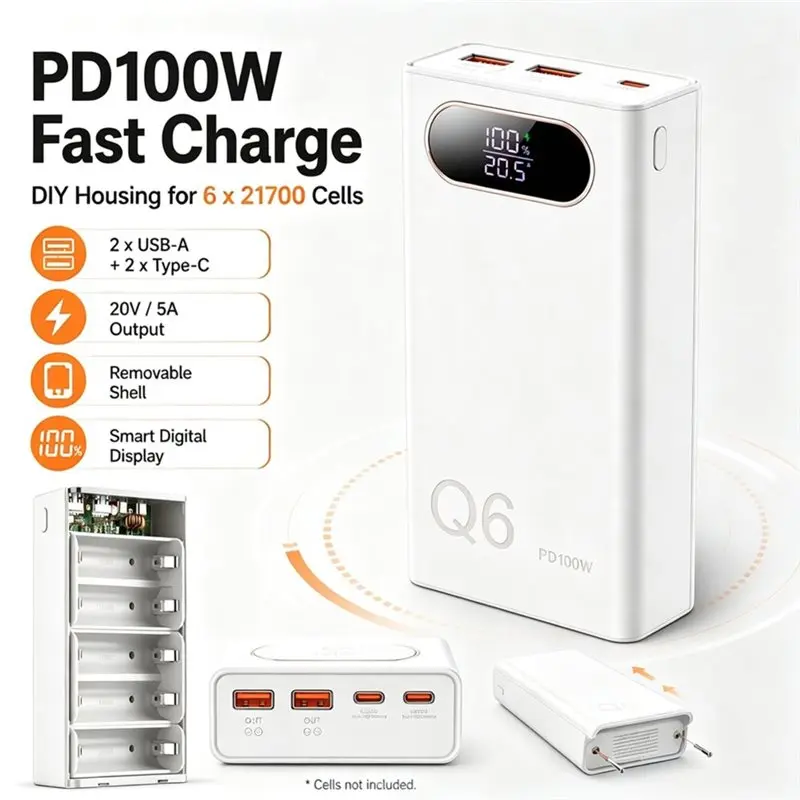 NEW HOT In Stock-PD100W Power Bank Shell 6X21700 Battery DIY Housing Empty Case With Digital Screen /PD3.0/QC3.0 For Laptop P