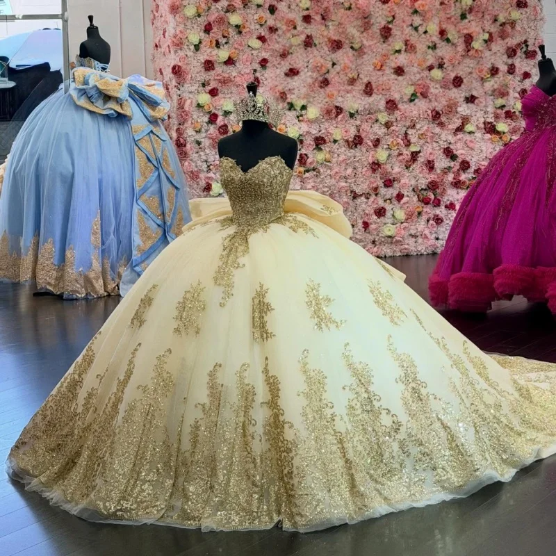 

Champagne Gold Quinceanera Dress Lace crystal glitter decal Long tail Bow vestidos de 15 Quinceanera ﻿Customized