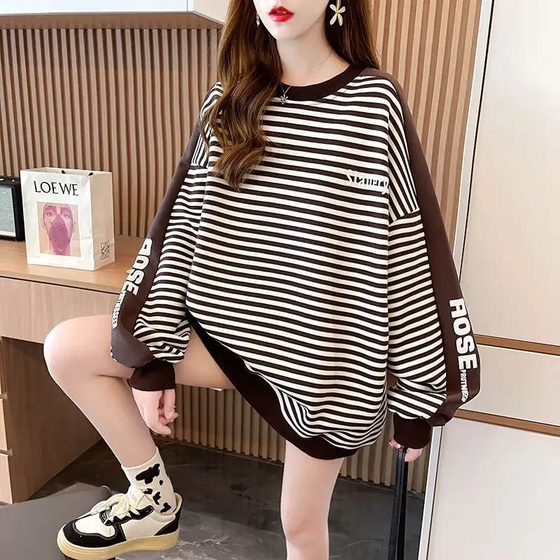 Loose Pullovers Black Striped Warm Women\'s Sweatshirts Long Cold Baggy Thick Autumn and Winter Female Top Aesthetic Coat New In