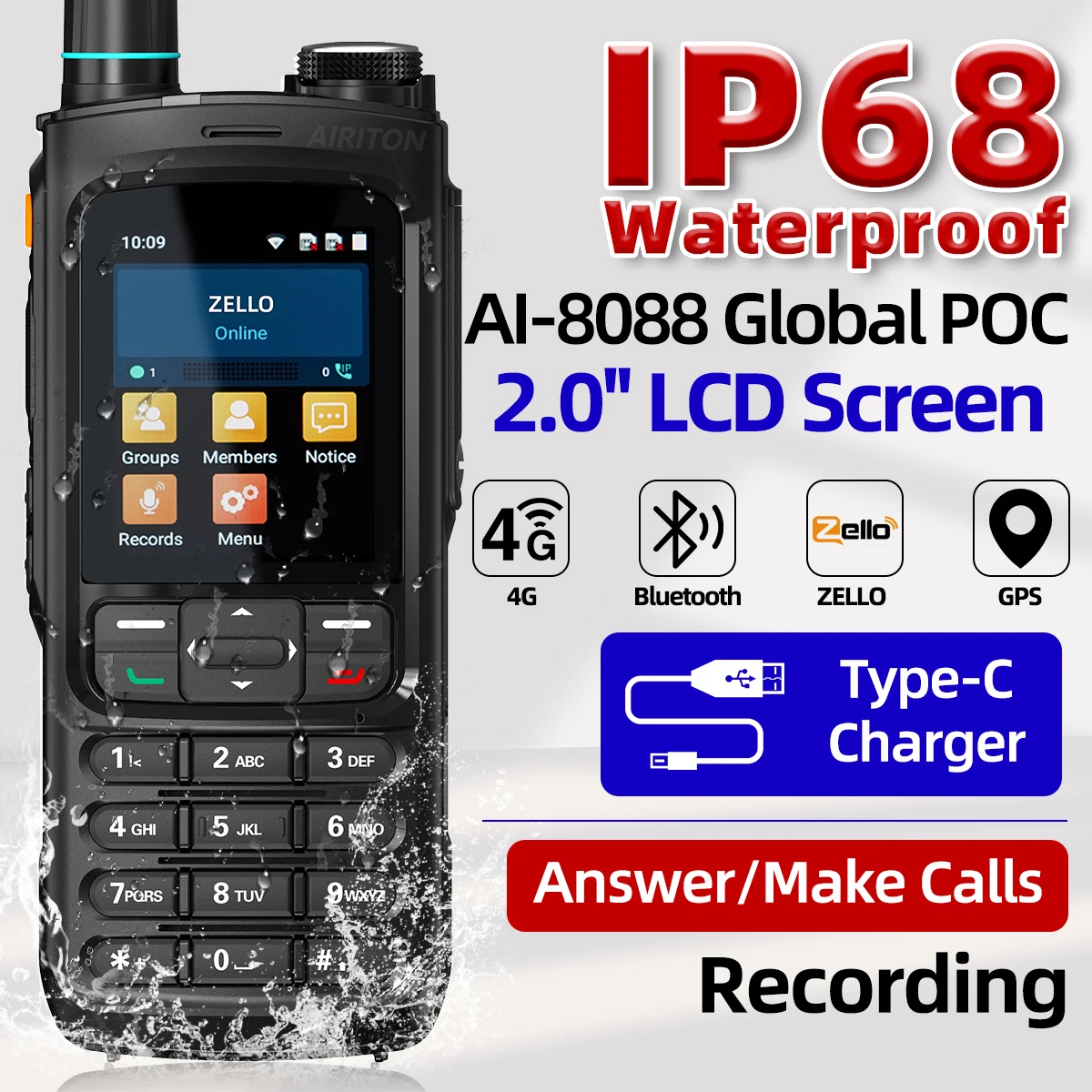 AIRITON AI-8088 ZELLO Global POC Walkie Talkie IP68 Wasserdichtes Netzwerkradio Android GPS