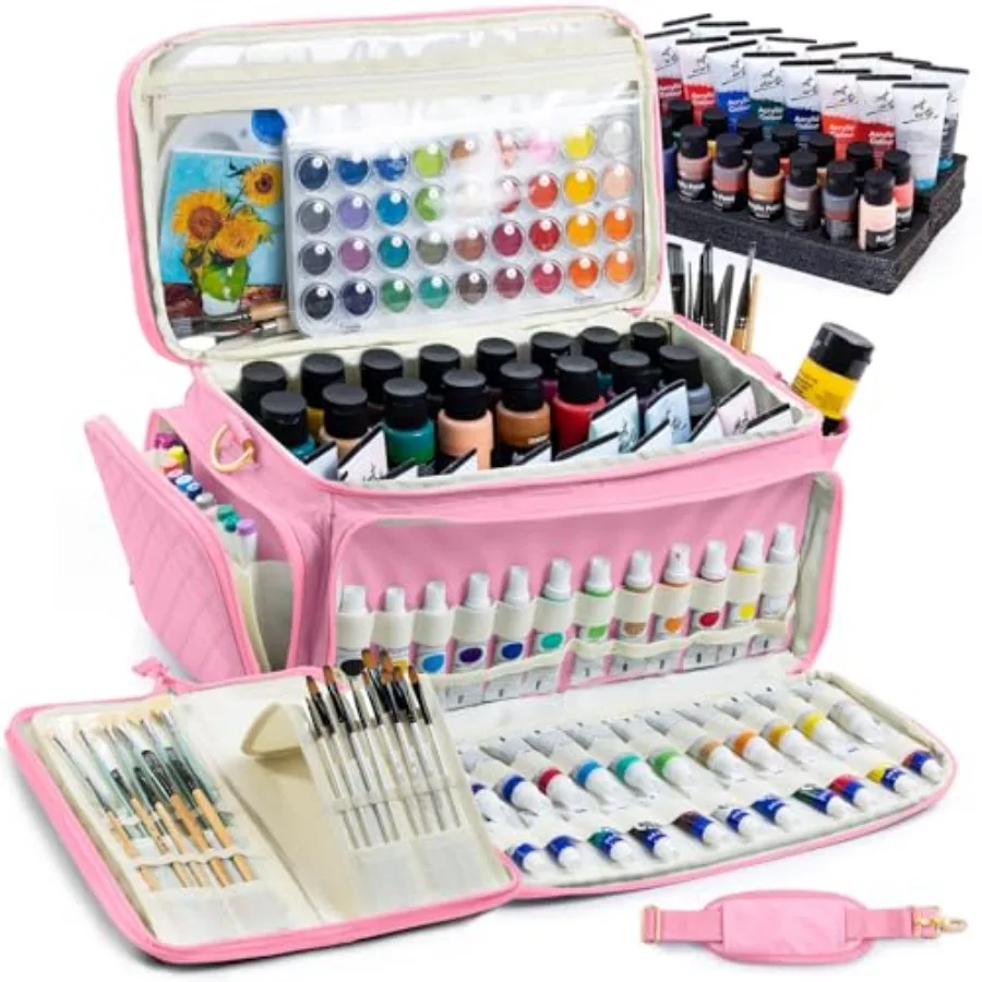 

Quilted Acrylic Paint Organizer Bag with 13" Brush Holder Case Art Supply Storage Bag with Foam Inserts for Bottles and Tubes L