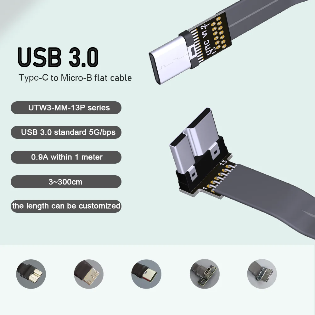 Суперплоский гибкий кабель для зарядки вверх, вниз, левый и правый угол 90 градусов USB Micro USB 3.0 «папа» на USB C «папа»