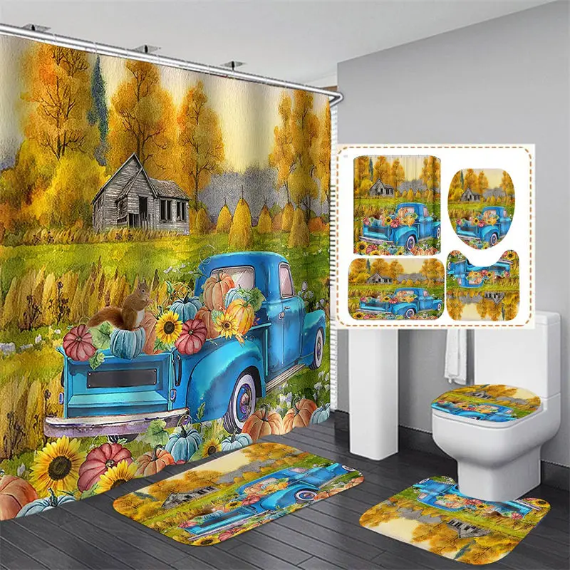 

Vintage Farm Truck Shower Curtain Set Antique Car Country Ranch Rustic Farmhouse Bathroom Curtains Decor Polyester Bathroom Rugs