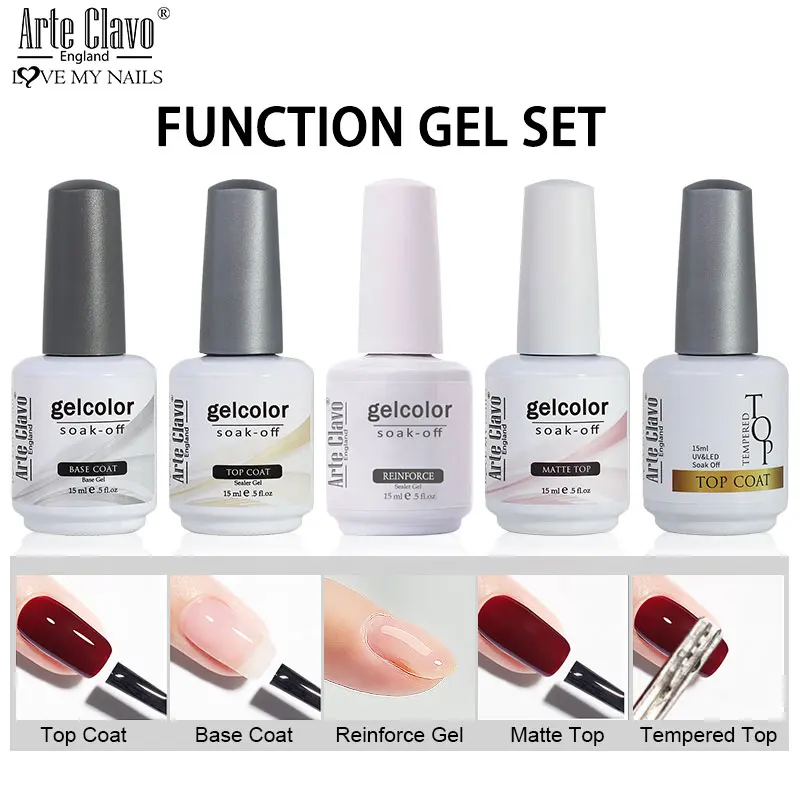 Arte Clavo Serie 5 colori Kit smalto gel Gel Soak Off Smalto gel per unghie UV per nail art Set Top Coat Bottiglia di vetro da 15 ml Nuovo 2025