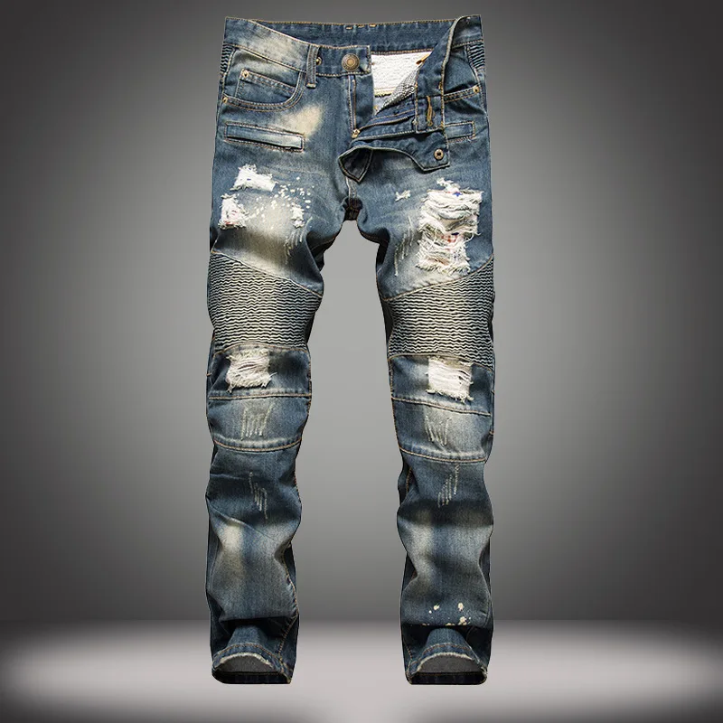 Men's Retro Motorcycle Jeans with Hole Design Straight Leg Casual Comfortable Cotton Denim Non-Fading mid Waist Zipper Fly