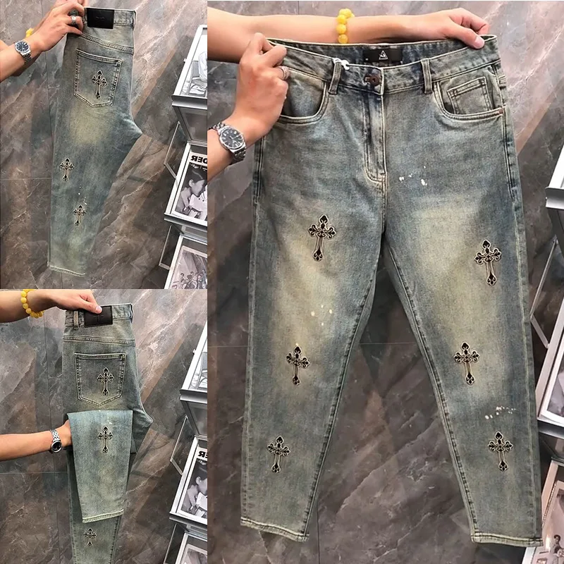 

Свободные прямые джинсы, мужские повседневные брюки, лето-весна, модные, с вышивкой, износостойкие молодежные активные брюки